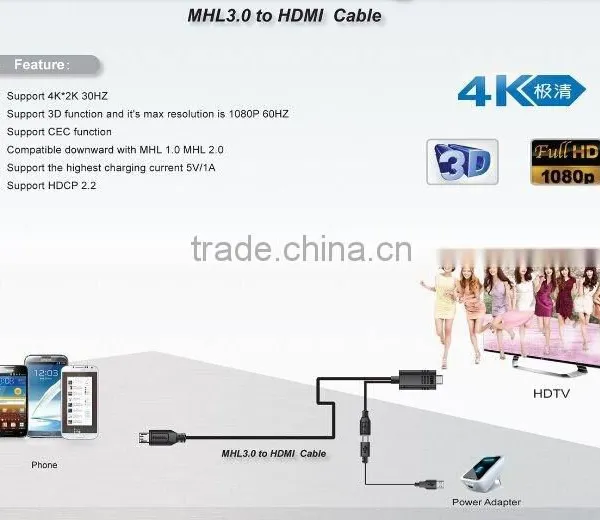 HIGH QUALITY 4Kx2K (3D Supported), MHL3.0 Micro USB TO HDM I Adapter Cable for Samsung S4/S5 photo-3