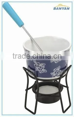 Ceramic Cheese Fondue Set With Stand With Green Color Cheese Press photo-3
