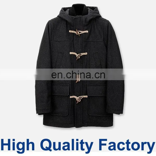 Casual Outwear Lightweight Hooded Men's Wool Toggle Coat Black