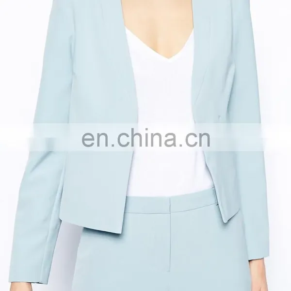 2015 Latest Fashion From China High Quality Women Coat , Short Light Blue Suit Jacket photo-3