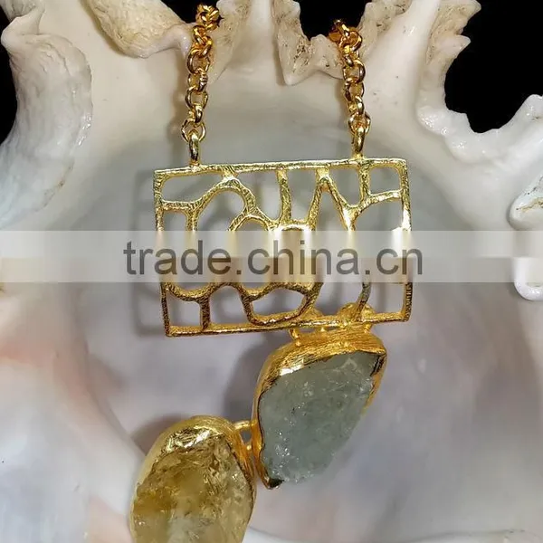 Rough Stone Vermeil Necklace, 925 Sterling Silver With Rough Gemsstone Necklace Gold Plated, Designer Necklace