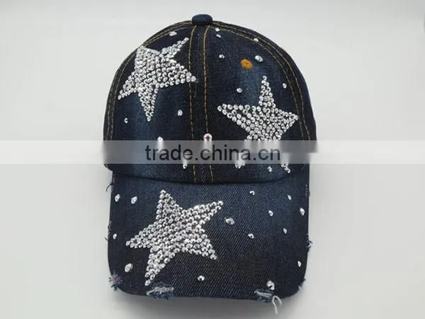 Distressed Denim Baseball Cap With Diamond photo-3