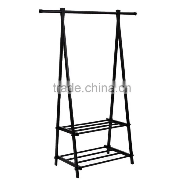 Black Metal Coat Hat Rack 2-tier Garment Drying Rack Clothes Shoe Organizer