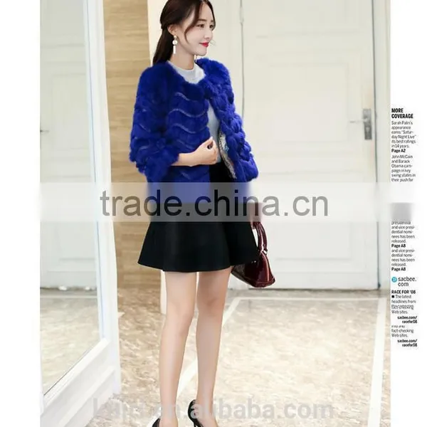 2016 New Women's Fashion Imitation Real Rabbit Fur Nine Quarter Sleeve O-neck Wide Strips Short Jacket Coat photo-4