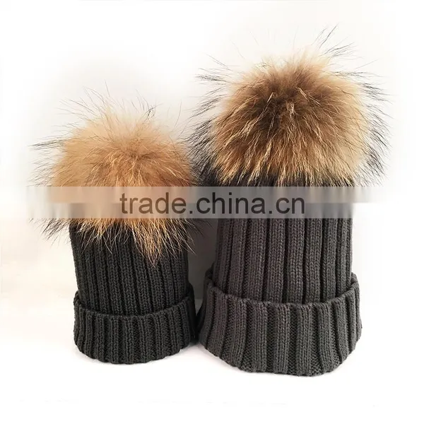 Myfur Dark Gray Wool Knitting Hat Couple Cap With Raccoon Fur Pompom photo-4