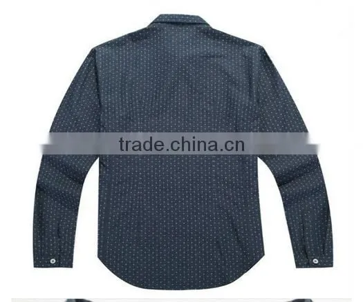 Latest Blue 100% Cotton Cowboy/jeanet Long Sleeve Casual Shirts for Men With Dots and Spread Collar photo-3
