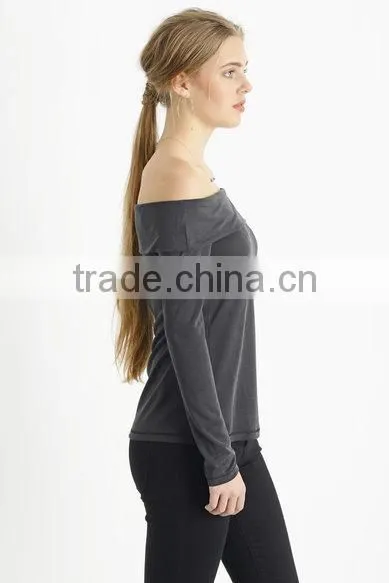 Custom Womens Off-shoulder Cotton Jersey T-Shirts,long Sleeve Black Plain Pure T-shirts for Women photo-3