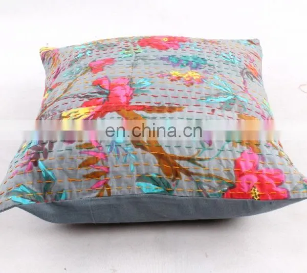Brown Floral Kantha Cushion Cover Indian Cotton Handmade Pillow Cover Ethnic Art Decorative photo-3