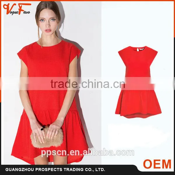 Hot Sale 2016 Fashion Short Sleeve A-line O-neck Red Women Dress With Polyester Fiber Fabric