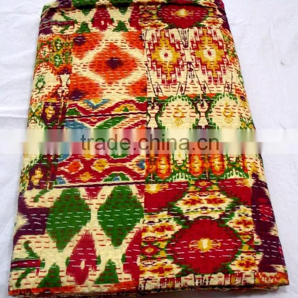 Patola Print Kantha Quilt Blanket Bedspread Reversible Throw Gudri Ralli Bohemian Quilt Blanket, Saree Patchwork photo-3