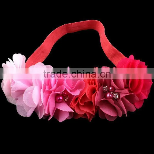 Handmade Chiffon Flower Headband With Pearl Beads Center for Kids Hair Accessories for Baby Girl photo-5