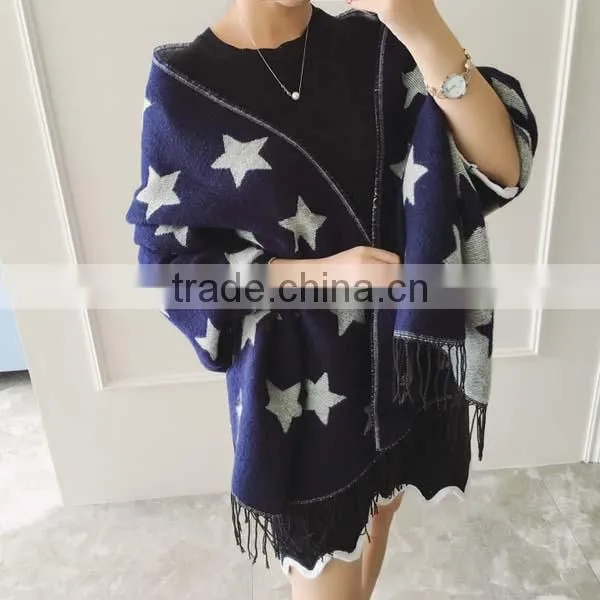 Wholesale Price 2017 New Arrival Girl Scarf White Stars Blue Bottom Color Printed 200*68cm School Student Tippet With Tassels photo-2