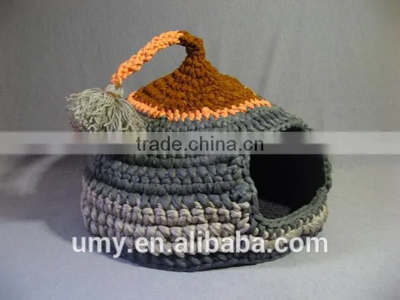 Crocheted Cat Cave Pet House Pet Bed Gray And Brown With Tassel For Playing photo-2