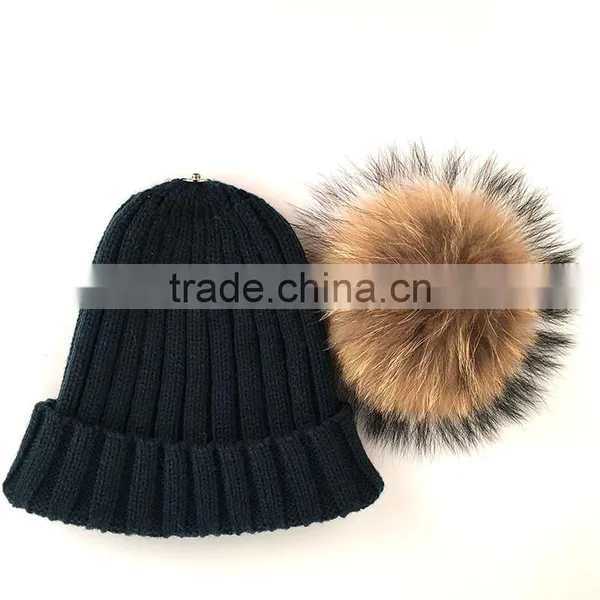 Myfur Navy High Quality Cheap Wool Knit Cap and Hat With Real Raccoon Fur Pompom photo-3