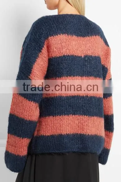Striped Design Women Cashmere Sweater With Dropped Shoulder photo-3