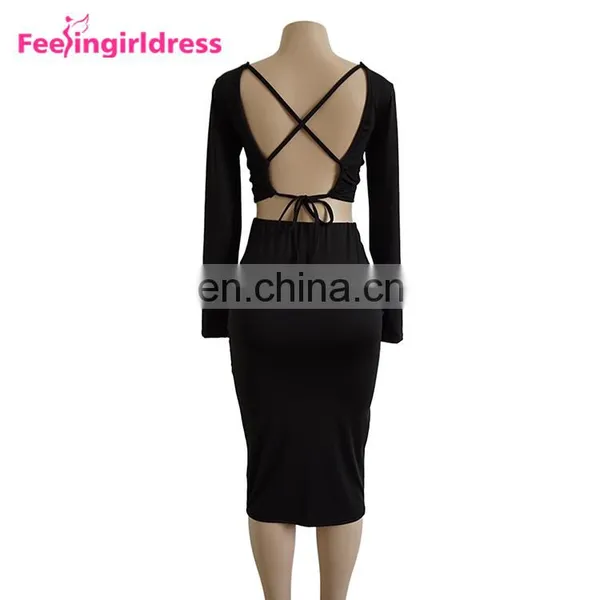 Fashion Long Sleeve Tops Black Backless Midi Bodycon Sexy Women Party Dress photo-5