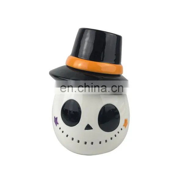 Halloween Cartoon Skull Shaped Ceramic Storage Cookie Candy Jar Canister With Lid