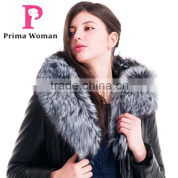 Winter Women Long Leather Slim Fit Coat With Brown Fox Hat Overcoat photo-3