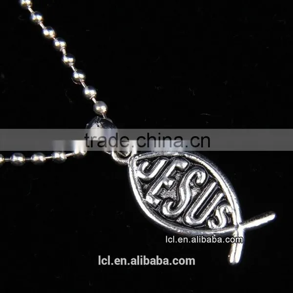 Fashion Imitation Jewelry Necklace, Antique Imitation Silver Religious Bead Necklace With Fish Pendant photo-2