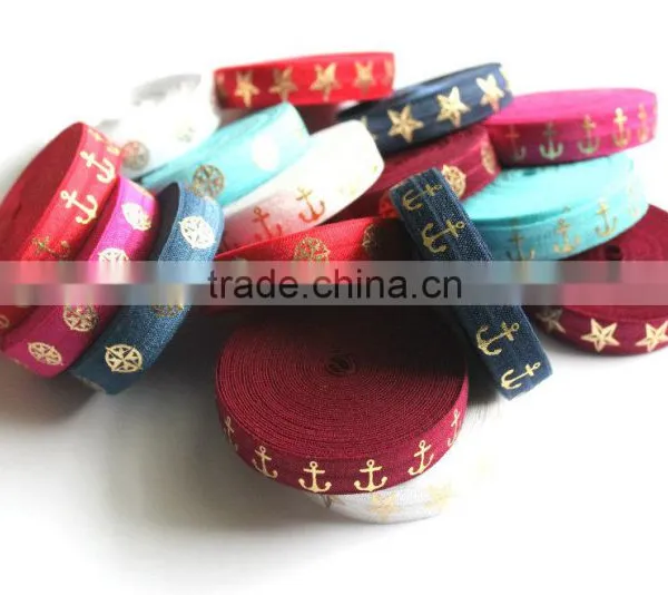 5/8" Fold Over Elastic Red With Gold Stars - Pattern, Metallic, Printed Elastic Band photo-4
