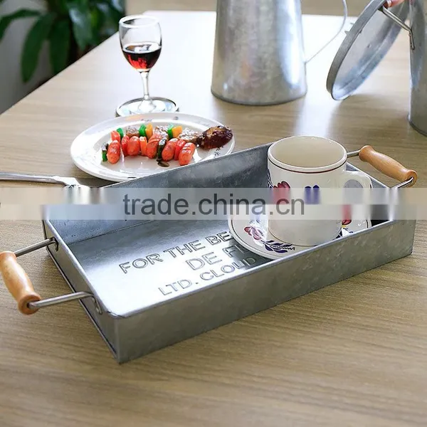 Wooden Handle Galvanized Metal Rectangular Serving Tray photo-2