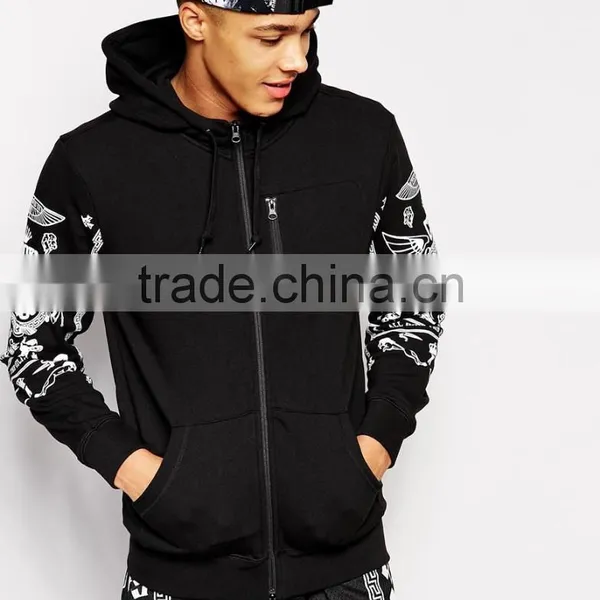 Sleeves Printed Custom Black Zip up Hoodie photo-3