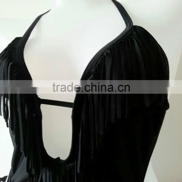 Lady Solid Black Tassels Swimwear One Piece photo-3