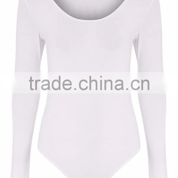 Sexy Tight Ladies Jumpsuit With High Leg Basic White Scoop Neck Thong Bodysuit Long Sleeve photo-4