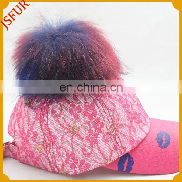 Beauty Spring Lip Hat Genuine Raccoon Fur Pom Pom Baseball Cap