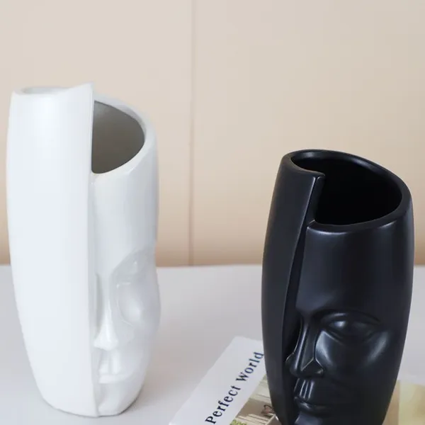 Creativity Matte White Black Face Ceramic Vase Decor Decoration, Flower Arrangement photo-3