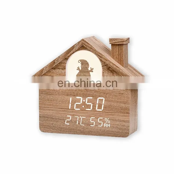 Hot Sale Modern Eco-friendly Creative Mute Home Decoration House Shape Wooden Led Alarm Clock With Light photo-2