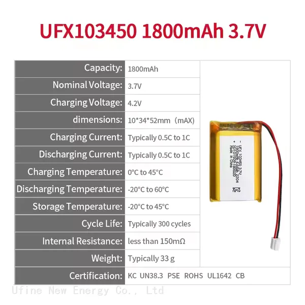 Lithium-Ion Cell Factory Supply UFX 103450 1800mAh 3.7V Small Rechargeable Lithium Polymer Battery For Led Light Battery photo-2