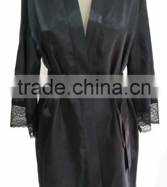 Comfortable Women Black Satin Lace Robe photo-2