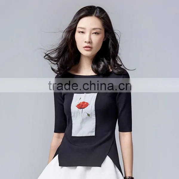 Woman Sweater Round Neck Half Sleeve Spring Summer Pullover With Artwork on Front