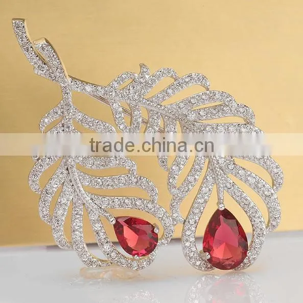 Platinum Plated Vicctorian Leaf in 4 Colors Brooch With AAA+ Cubic Zircon Micro Pave Setting for Women and Men in 4 Colors photo-4