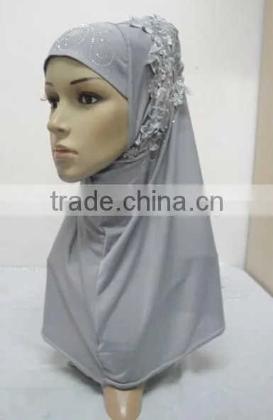 H274 Latest One Piece Instant Hijab With Lace and Rhinestones,muslim Scarf photo-6