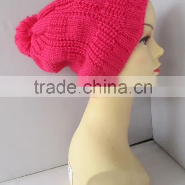 Wholesale Soft Material Knitted Acrylic Fuchsia Pom Pom Beanie photo-6