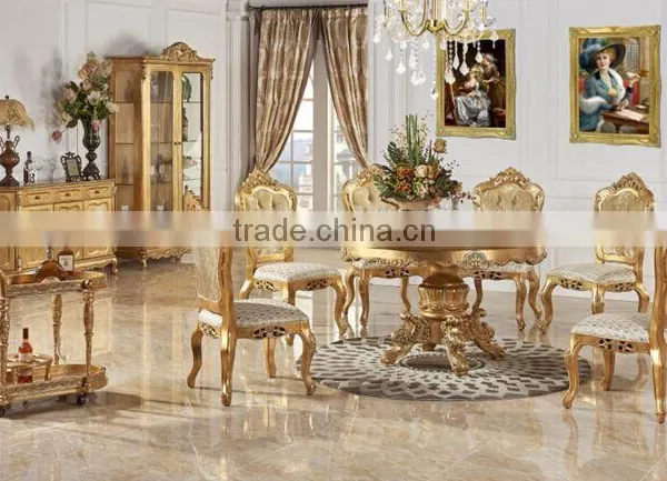 Vintage Round Dinner Table With Upholstery Chair, Hand Carved Wooden Dinning Table Set, Golden Furniture Dinning Room Set photo-2