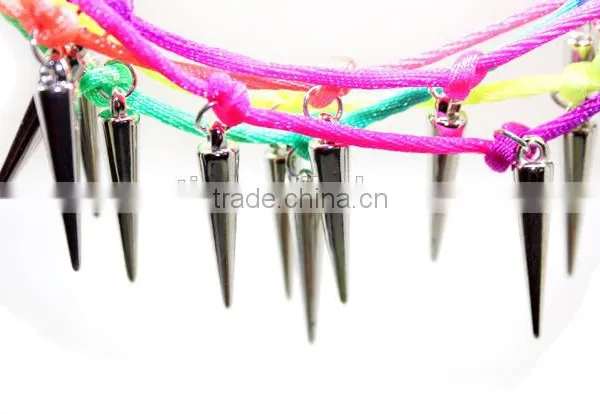Multi Layered Silver Rivet Charms Neon Silk Cord Bracelet Europe Handmade Punk Style Bracelet photo-5
