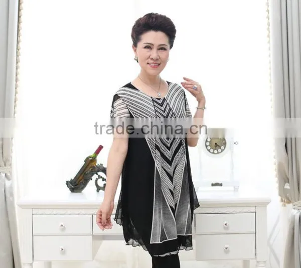 Middle Aged Ladies Elegant Beaded Black and White Printed Short Sleeve Lace Blouses photo-4