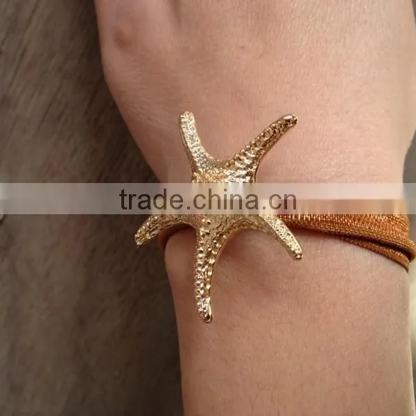 High Quality Gold Starfish Charm Elastic Fabric Knot Bracelet Ribbon Hair Ties Ponytail Holder Knotted Hair Ties Yoga Hair Ties photo-3
