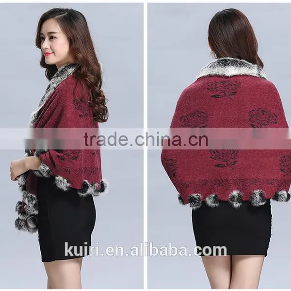2016 New Design Woman Knitted Shawls With Rex Rabbit Fur Poms Figure Lady Cappa photo-2