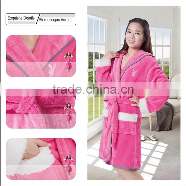 Women Hot Pink Hooded Adult Bathrobe Brand Bathrobe Fabric photo-3