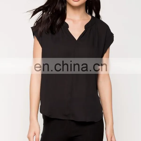 Wholesale Blank Split Neck Short Sleeve Black t Shirts for Women photo-3