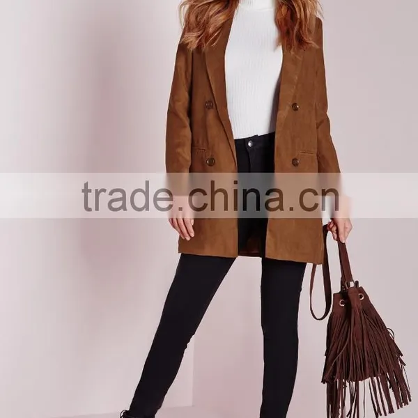 2015 Women Winter Long Faux Suede Double Breasted Blazer photo-4