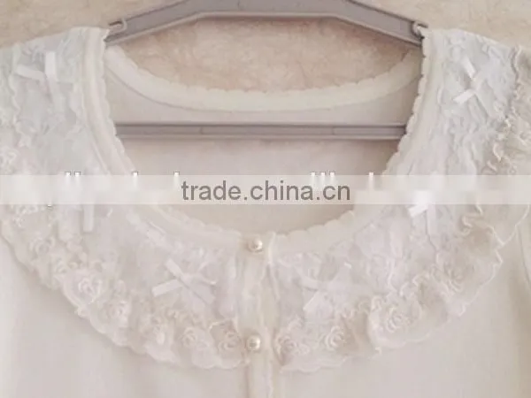 Pure Color Long Sleeve Teenager Knitting Wear White Lace Falbala Neckline Sweater Cardigan photo-3