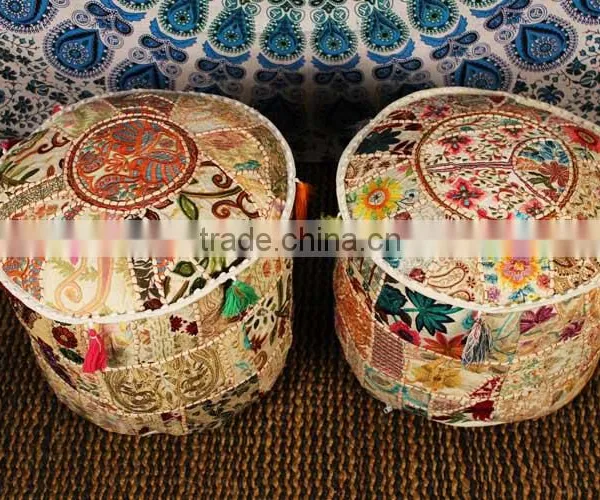 Indian Pouf Ari Patchwork Cottom Ottoman Cover Bean Bag Chair Ethnic Seating Cushion Room Decor Idea Bohemian Poof Pouffe photo-3