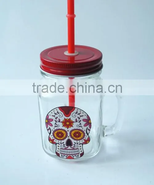 Wholesale Price Skull Head Printing Glass Mason Jar With Handle photo-3