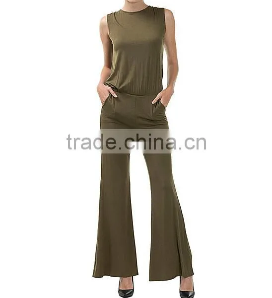 Jumpsuit Fashion New Design Super Soft Summer Full Length Trouser Wide Leg Olive Open Back Romper Jumpsuit Women 2017 Sleeveless photo-2