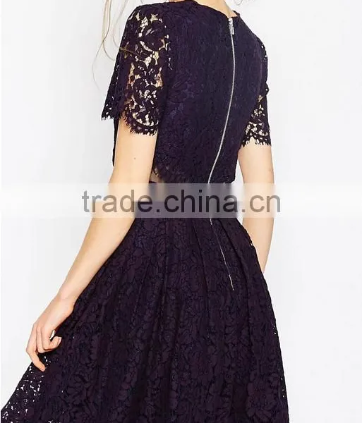 China Guangzhou Clothing OEM Scalloped Edges Round Neckline Crop Top Mesh Insert Midi Women Dress photo-6